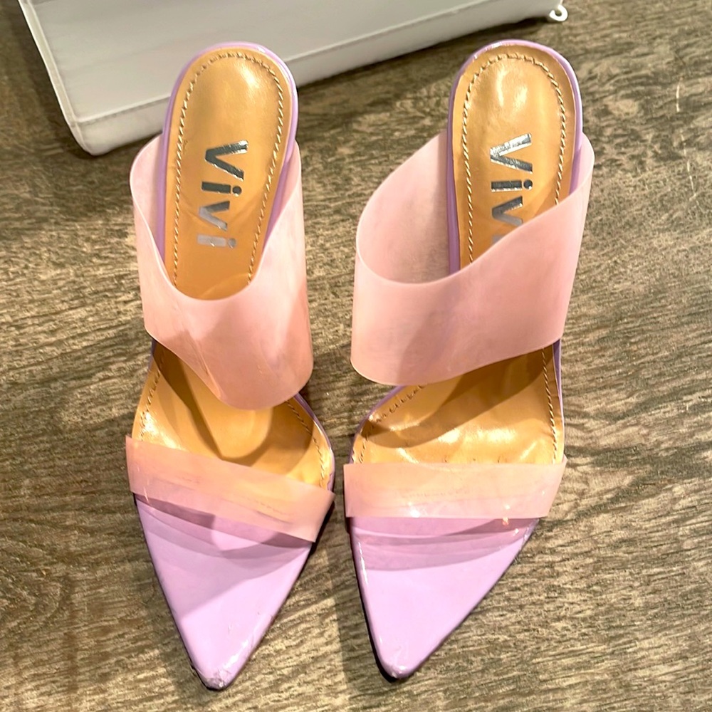 Pointy lucite purple pink heels